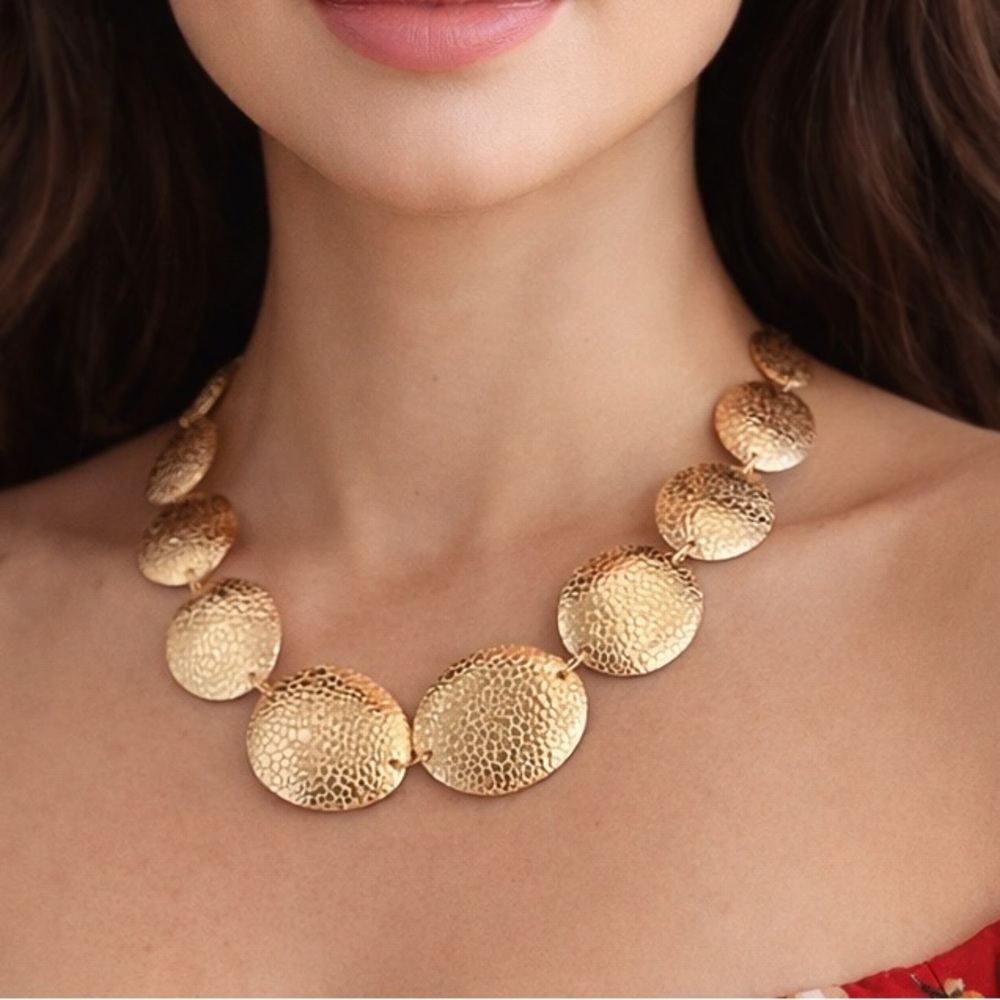 Gold Hammered Disc Statement Necklace